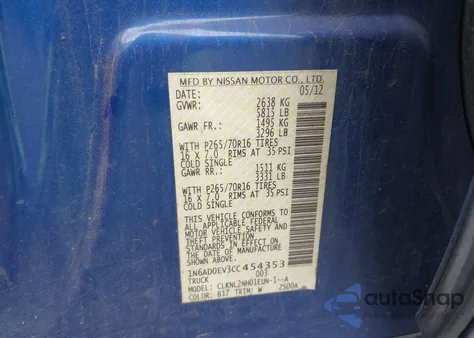 2012 Nissan Frontier Sv z USA, uszkodzony, nr VIN 1N6AD0EV3CC454353